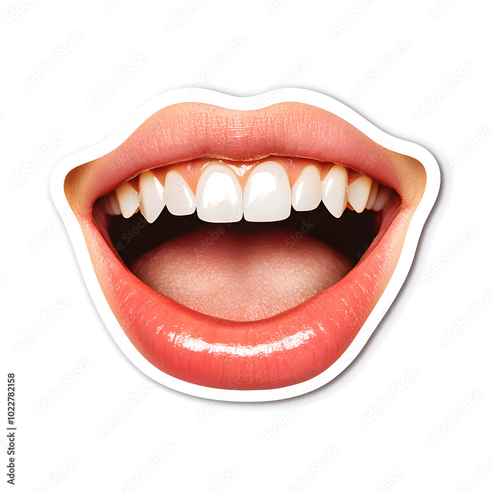 Fototapeta premium Sticker of realistic red lips and white teeth isolated on a white background. 