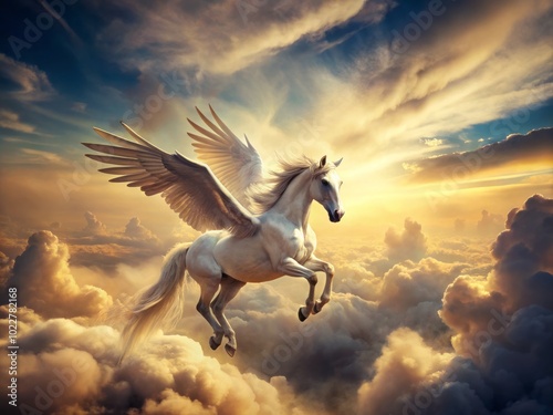 Vintage Pegasus in Ethereal Landscape - Mythical Creature Photography