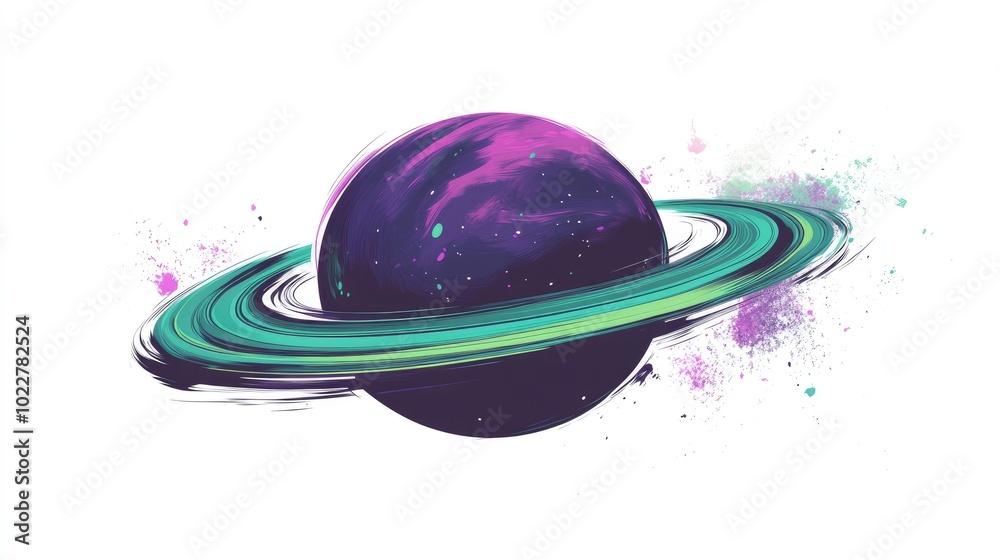 Abstract colorful planet with wavy ring on a white background Featuring purple and green hues this surreal cartoon style space object is suitable for stickers and T shirt prints 2d illustration Abstract colorful planet with wavy ring on a white background Featuring purple and green hues this surreal cartoon style space object is suitable for stickers and T shirt prints 2d illustration