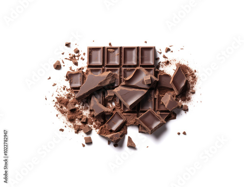 Broken Chocolate Bar Isolated, Milk Chocolate Square Pieces, Cubes, Small Bloks Pile, Choco Segments Stack photo