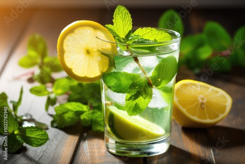 Cold Iced Mojito, Lemon Water Drink, Mint Lemonade, Lemon Cocktail on Wood Rustic Background Closeup