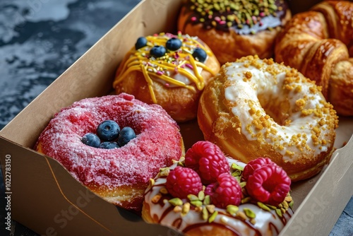 Doughnuts in Paper Box, Fruit Raspberry Donut, Pistachio Croissant Collection photo