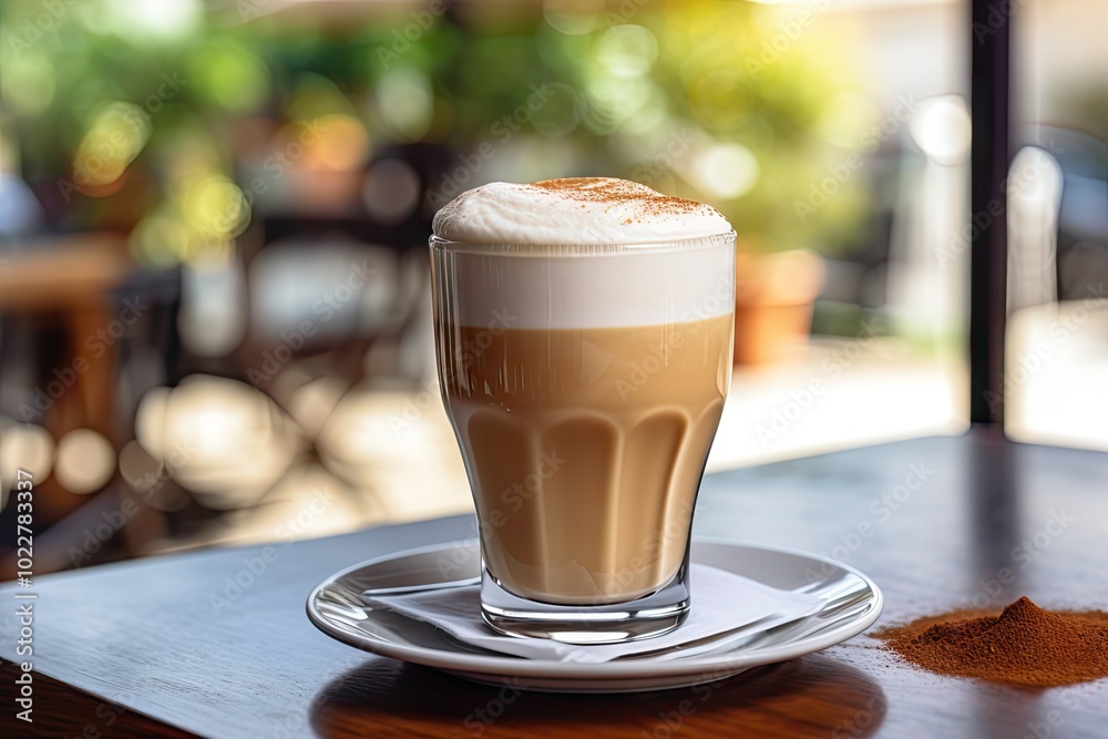 Fresh Latte Espuma in Outdoor Cafe, Cappuccino in Coffeeshop City Street View, Milk Coffee Fresh Latte Espuma in Outdoor Cafe, Cappuccino in Coffeeshop City Street View, Milk Coffee