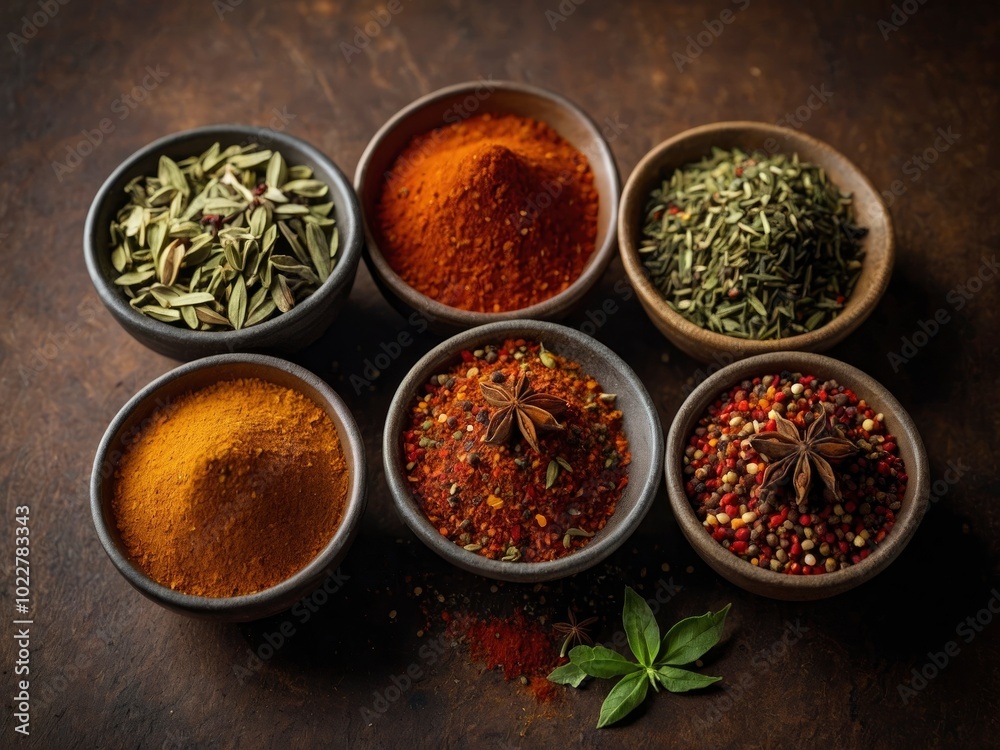 Different seasonings in cups or Spice background on the table. Spice collection presented in cups on flat surface
