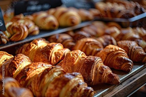 Many Croissant Texture Background, Fresh Puff Pastry Pies Pattern, Sweet Kipferls, Buttery Viennoiseries photo