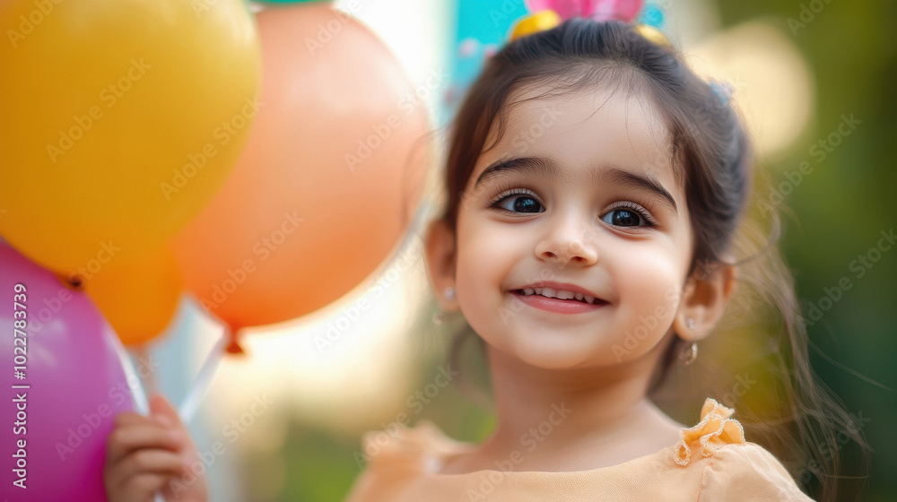 happy indian girl is smiling and surrounded by a bunch of colorful balloons happy indian girl is smiling and surrounded by a bunch of colorful balloons
