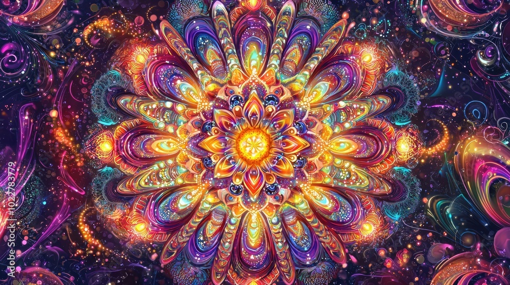 A vibrant and colorful mandala design radiating energy and beauty, capturing the essence of cosmic patterns and harmony. A vibrant and colorful mandala design radiating energy and beauty, capturing the essence of cosmic patterns and harmony.
