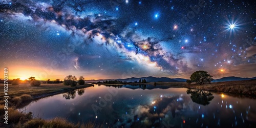 Stunning Canes Venatici Constellation Displayed in a Starry Night Sky Over a Calm Landscape Scene