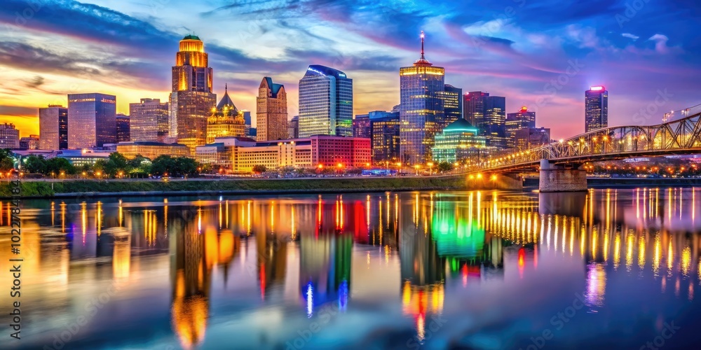 Fototapeta premium Stunning Cincinnati Skyline at Dusk with Vibrant Lights Reflecting on the Ohio River Landscape