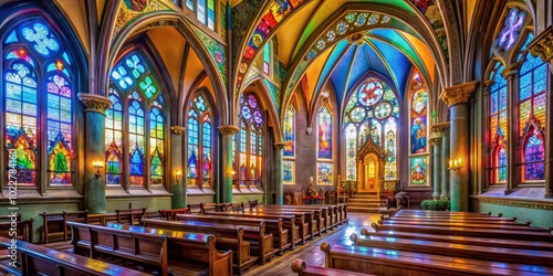 Stunning Church Interior with Colorful Stained Glass Windows and Elegant Architectural Details photo