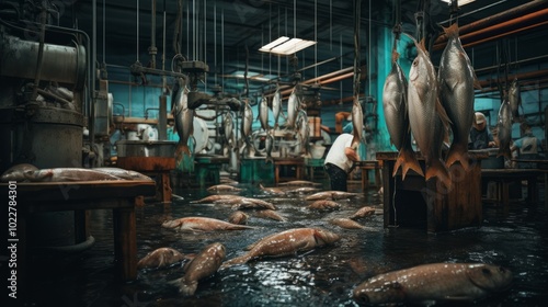 Fish processing plant employees cutting and washing the chum salmon. Neural network ai generated art photo