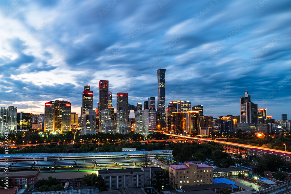 Fototapeta premium Night view of skyline of Beijing CBD (Central Business District) after dusk