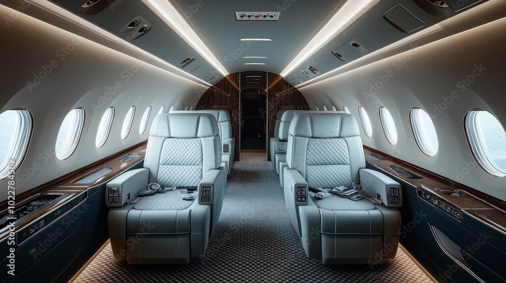 Obraz premium Luxurious interior of private jet with plush leather seats and modern ambient lighting, showcasing comfort and sophistication in air travel.