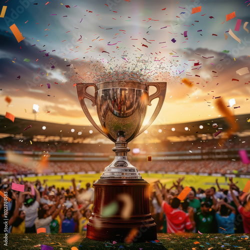 large trophy is surrounded by a crowd of people