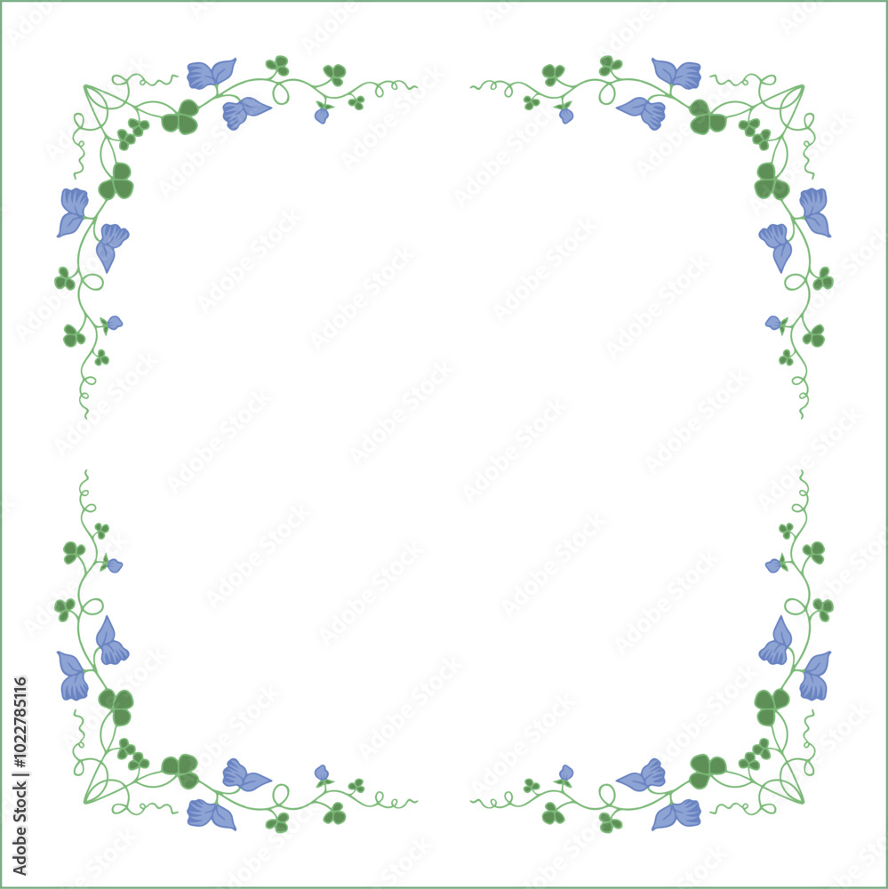 Vegetal floral frame with clover leaves and blue flowers, decorative corners for greeting cards, banners, business cards, invitations, menus. Isolated vector illustration.
Vegetal floral frame with clover leaves and blue flowers, decorative corners for greeting cards, banners, business cards, invitations, menus. Isolated vector illustration.
