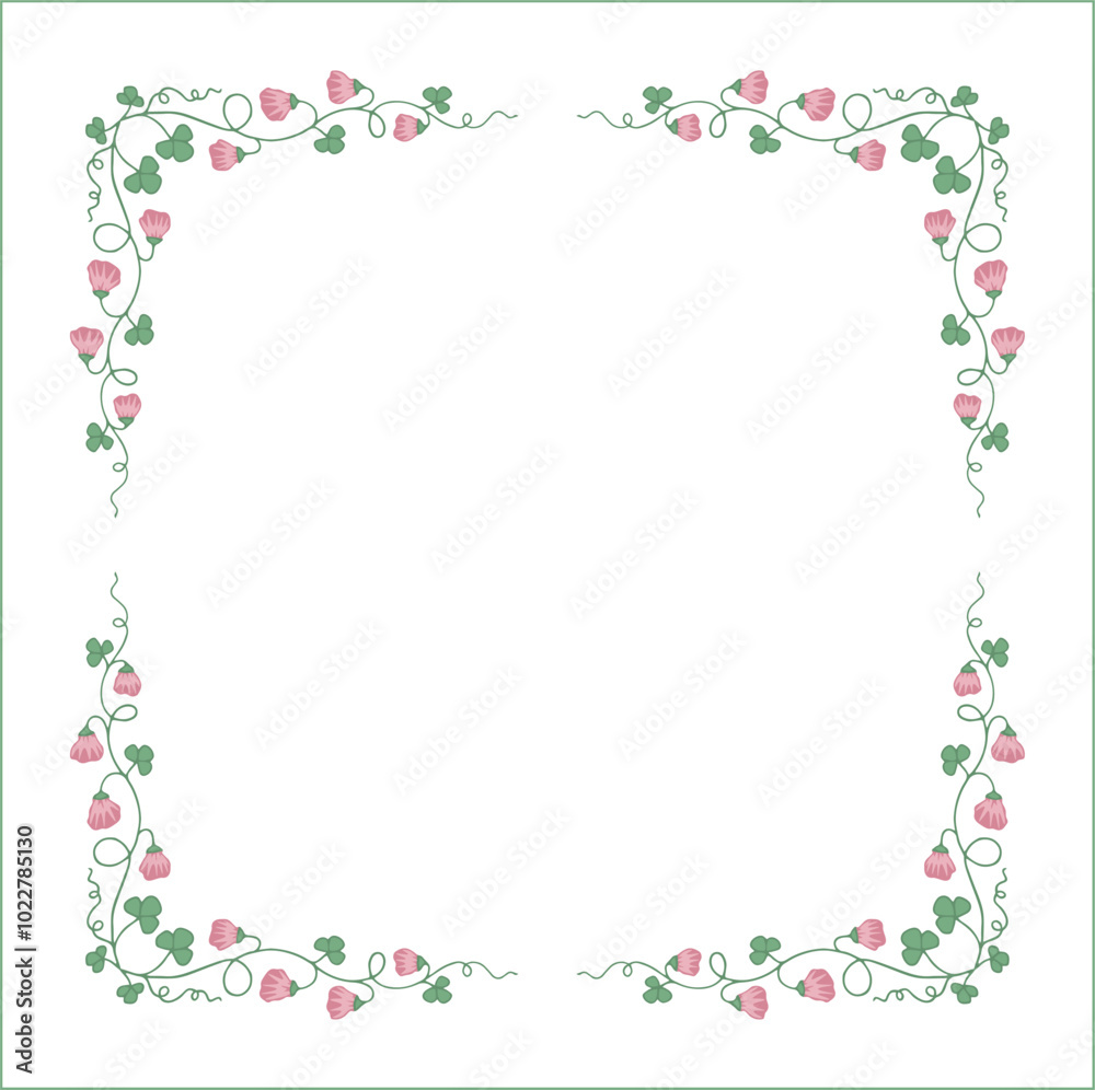Vegetal floral frame with clover leaves and pink flowers, decorative corners for greeting cards, banners, business cards, invitations, menus. Isolated vector illustration.	
