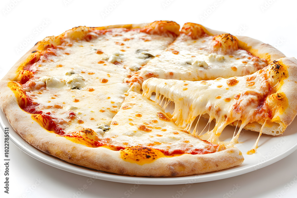 Cheese Pizza Slice Being Pulled with Melting Mozzarella isolated on white 