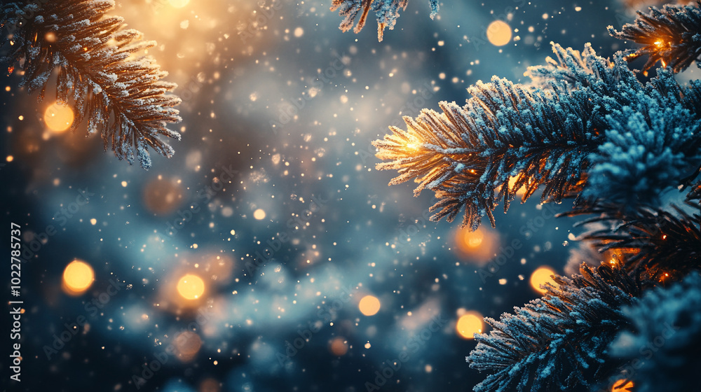 Fir branches and cones close up Christmas background with empty copy space features golden bokeh lights