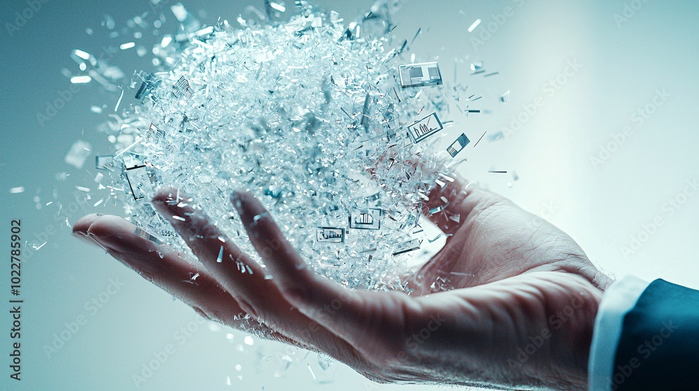 Fototapeta premium Hands dropping a shattered glass globe filled with stock symbols, reflecting the crash of global markets.
