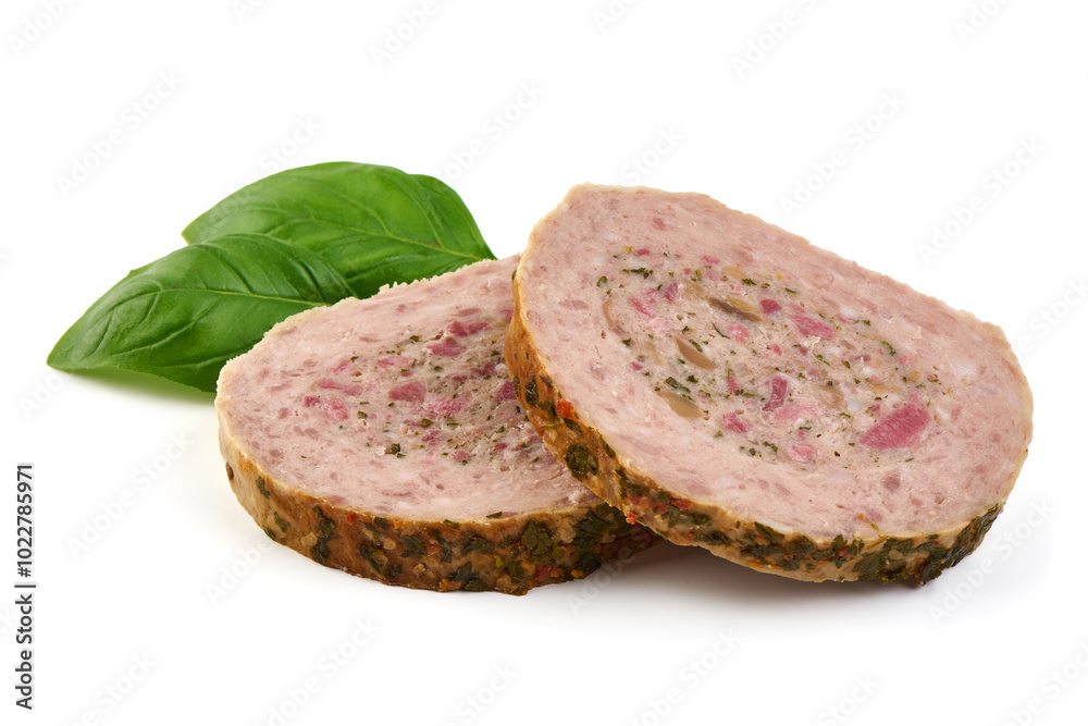 Herb-coated meat roll, isolated on white background. Herb-coated meat roll, isolated on white background.