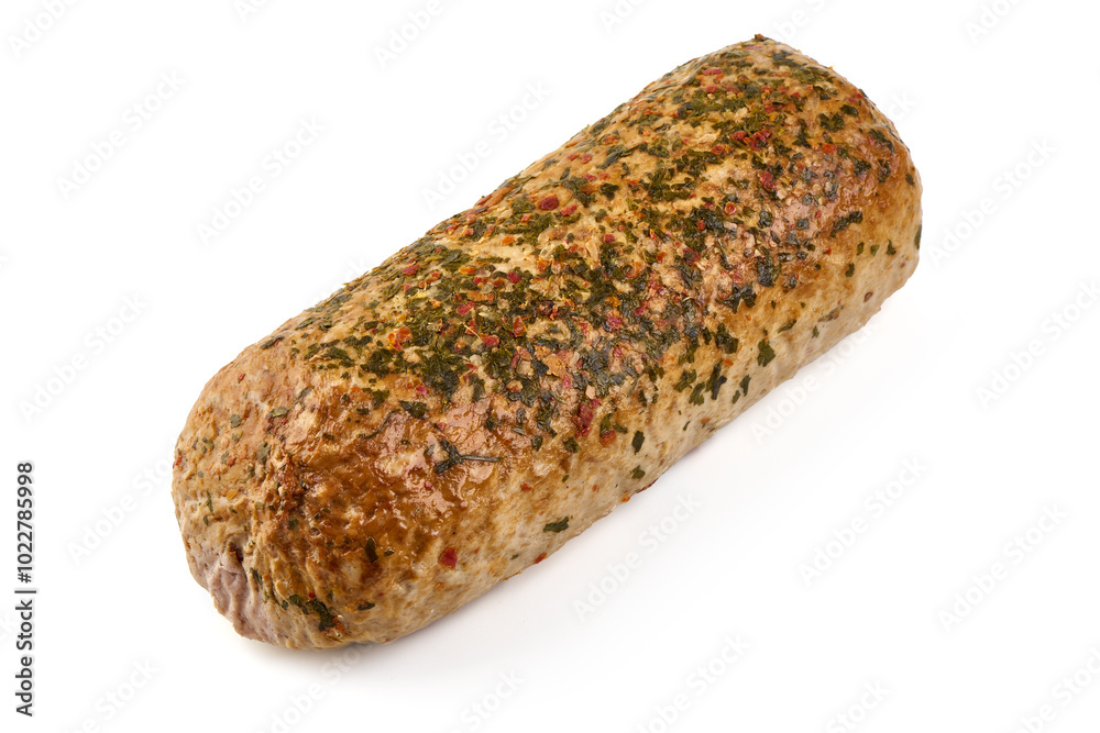 Herb-coated meat roll, isolated on white background. Herb-coated meat roll, isolated on white background.