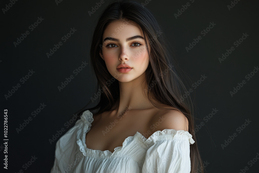 Magazine cover, beautiful long Female model, simple and elegant style, white elegant clothing, solid color, precise and realistic, soft shadows, soft focus portrait, photography style Magazine cover, beautiful long Female model, simple and elegant style, white elegant clothing, solid color, precise and realistic, soft shadows, soft focus portrait, photography style