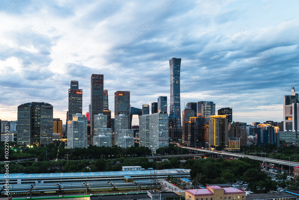 Fototapeta premium Night view of skyline of Beijing CBD (Central Business District) after dusk