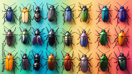 A rainbow-colored wall with a cluster of multi-colored bugs arranged on top of each other