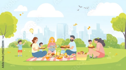 A cheerful picnic scene with families enjoying food in a park with a city skyline.