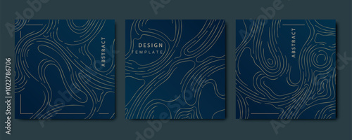 Vector set of abstract map topography, wood texture, organic shape patters. Gold on blue and white, curve sea template
