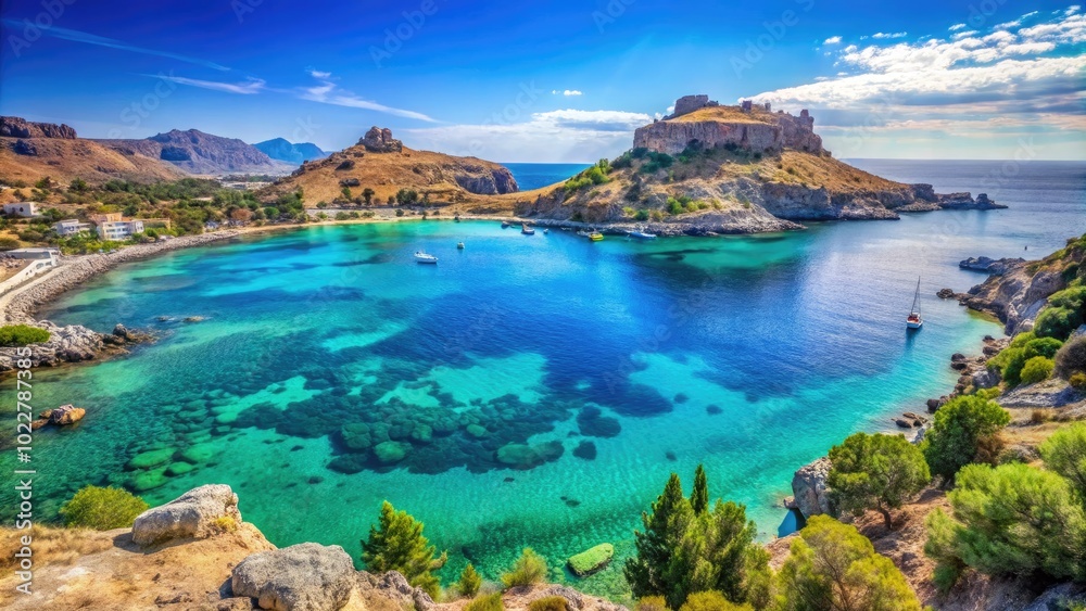 Fototapeta premium Stunning Coastal View of Rhodes Island with Crystal Clear Waters and Beautiful Mediterranean Landscape