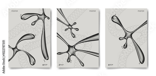 Set of abstract vector posters with line patterns, abstract liquid chrome shape. Monochrome minimalist background design.