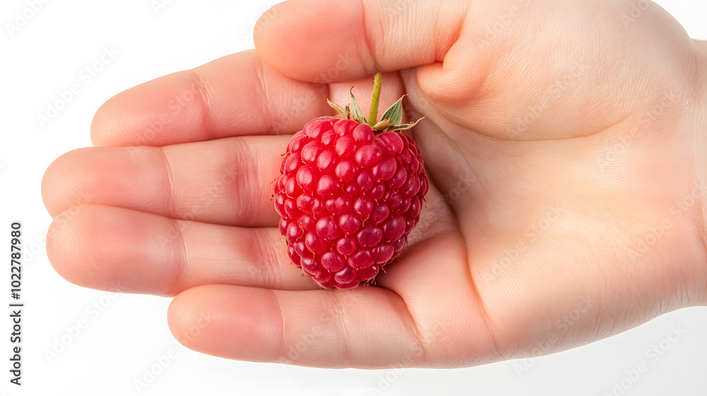 Top view of a raspberry resting on an open hand isolated on a white background Top view of a raspberry resting on an open hand isolated on a white background