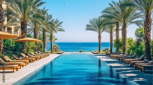 A luxurious resort pool surrounded by palm trees, offering a serene and idyllic getaway.