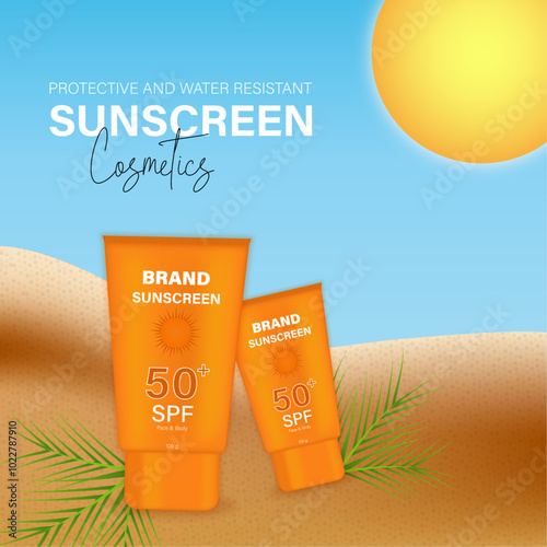 Sunscreen tubes  with leaves vector illustration, beauty cosmetics promotion template design, sunblock ad poster.