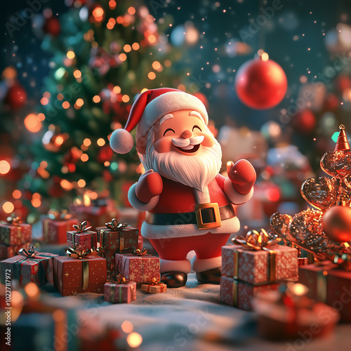 Group of happy santa claus with many gift boxes. 3D cartoon illustration.