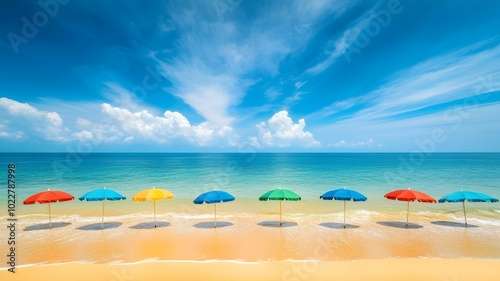 A vibrant beach scene with colorful umbrellas lining the shore under a clear blue sky. photo