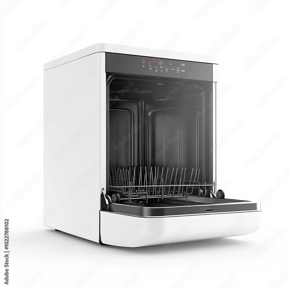Fototapeta premium A compact dishwasher for small spaces on a white background, highlighting its design.