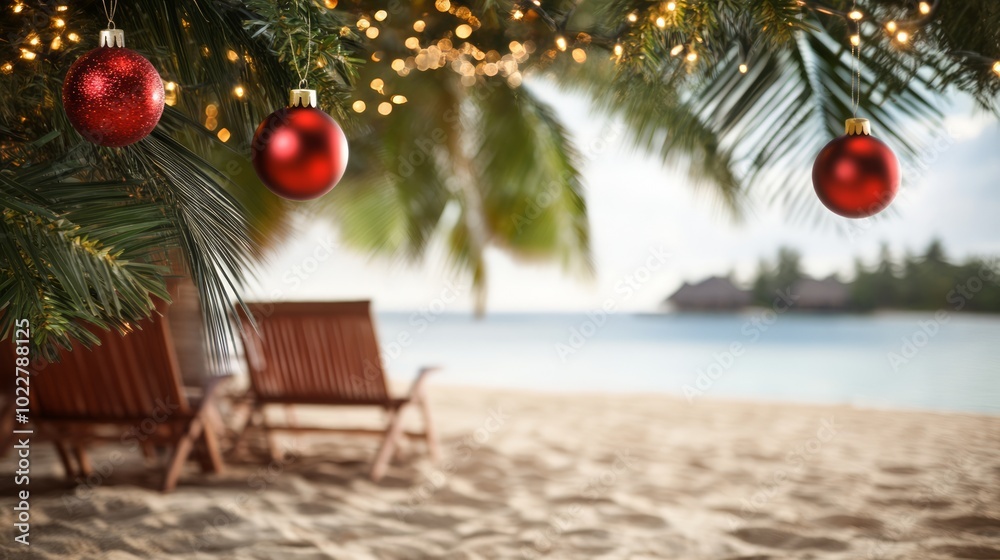Red christmas ornaments and string lights adorn a palm tree on a tropical beach, with two unoccupied lounge chairs nearby