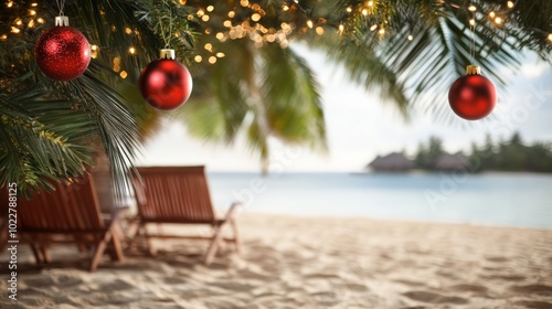 Obraz na płótnie Red christmas ornaments and string lights adorn a palm tree on a tropical beach, with two unoccupied lounge chairs nearby w salonie