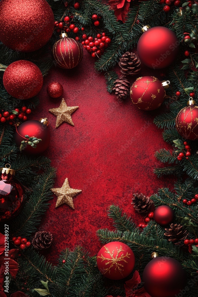 Bright holiday decorations on a red backdrop convey warmth and joy, ideal for e-commerce banners or gift packaging in winter campaigns. Bright holiday decorations on a red backdrop convey warmth and joy, ideal for e-commerce banners or gift packaging in winter campaigns.