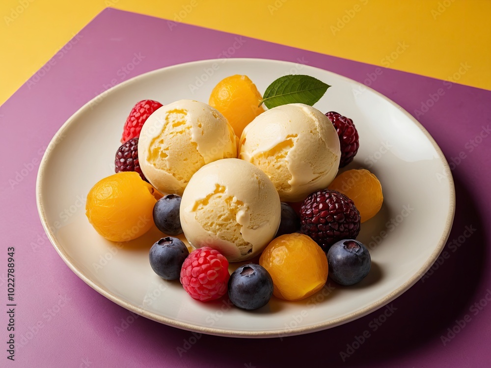 Exotic fruits ice cream balls in nice plate on yellow and purple background. Tropical ice cream treats on yellow and purple Exotic fruits ice cream balls in nice plate on yellow and purple background. Tropical ice cream treats on yellow and purple