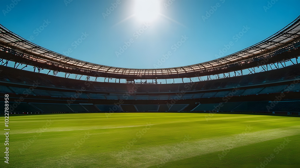 Wide-angle view of an empty football stadium with sunlight and green field Wide-angle view of an empty football stadium with sunlight and green field