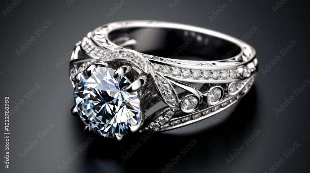 Diamond solitaire ring closeup in dark environment. Neural network ai generated art Diamond solitaire ring closeup in dark environment. Neural network ai generated art
