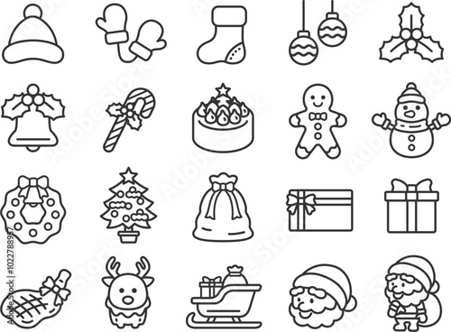 いろいろな、クリスマスのアイコン（線画）のイラストセット