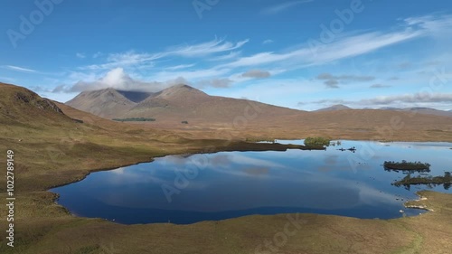 Autumn Scottish moorland landscape with Meall a' Bhùiridh on the horizon at Lochan na h-Achlaise, Rannoch Moor, Glencoe. photo