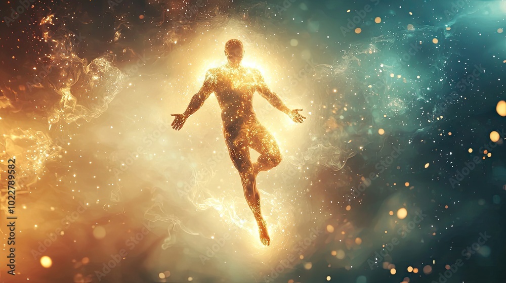 Naklejka premium an invsible man in the air with glowing lights, an mystic background, background will be the wizard school,