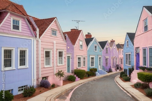 a picture of a row of houses with pastel colors theme