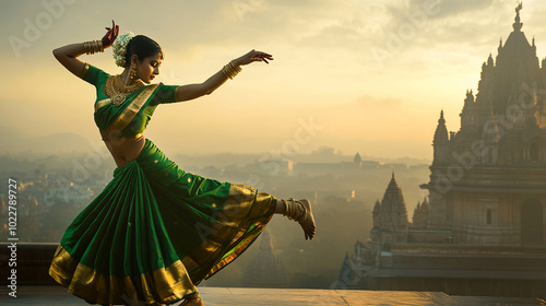beautiful and happy dancing indian woman in punjabi or saree traditional dress	