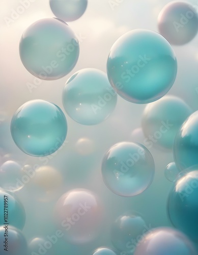 right abstract bubbles or spheres suspended in a hazy, dreamlike backdrop of pastel shades